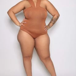 Boutique115 "Weight Off My Shoulders" Open Shoulder Bodysuit - Cocoa Tan Tops