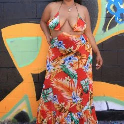 Boutique115 Sales Shop 13 Boutique115 "Aloha" Sheer Floral Cutout Dress- Red Orange