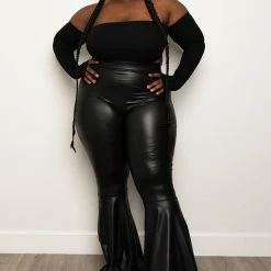Boutique115 Bottoms Plus Size "Push It To The Limit" Vegan Leather Bell Bottom Pants - Black