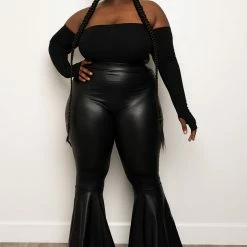 Boutique115 Bottoms Plus Size "Push It To The Limit" Vegan Leather Bell Bottom Pants - Black