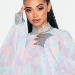 Boutique115 "Carmen" Rhinestone Chiffon Top - Tie Dye Lavendar Tops