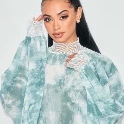 Boutique115 Tops "Carmen" Rhinestone Chiffon Top - Sage Marble