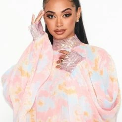 Boutique115 "Carmen" Rhinestone Chiffon Top - Tie Dye Pink