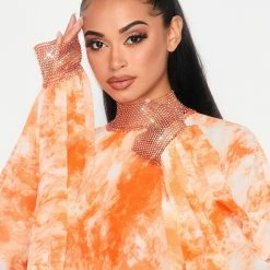 Boutique115 Tops "Carmen" Rhinestone Chiffon Top - Marble Orange