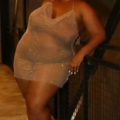 Boutique115 "Liberian Girl" Fishnet Rhinestone Cover Up Dress W Scarf - Latte Dresses