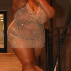 Boutique115 "Liberian Girl" Fishnet Rhinestone Cover Up Dress W Scarf - Latte Dresses