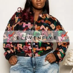 Boutique115 Outerwear Plus Size "Scrabble" Sequin Letters Jacket - Multi Black