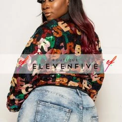 Boutique115 Outerwear Plus Size "Scrabble" Sequin Letters Jacket - Multi Black