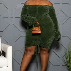 Boutique115 Plus Size "Am I Dreamin" Drawstring Off Shoulder Dress - Olive Dresses