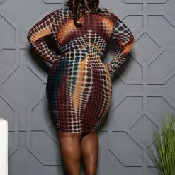 Boutique115 Dresses Plus Size "Switch Lanes" Mesh Dress - Multi Teal Rust Burgundy