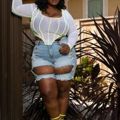 Boutique115 "Blade" Sheer Crop Top Reverse Stitch - White Neon Green Tops