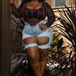 Boutique115 "Blade" Sheer Crop Top Reverse Stitch - Black Orange Tops