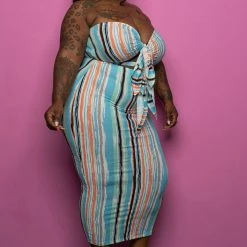 Boutique115 Dresses "Headliner" Double Tie Stripe Dress - Aqua Orange Multi