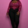 Boutique115 "Blade" Sheer Crop Top Reverse Stitch - Hot Pink Leopard Tops