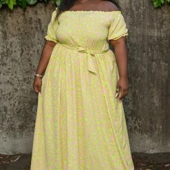Boutique115 Dresses Plus Size "Innocent" Off Shoulder Maxi Dress - Green Pink