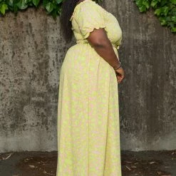 Boutique115 Dresses Plus Size "Innocent" Off Shoulder Maxi Dress - Green Pink