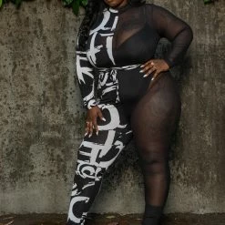 Boutique115 Jumpsuits + Rompers Plus Size "Divide And Conquer" 2 Tone Mesh Jumpsuit - Black White
