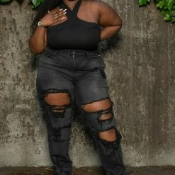 Boutique115 Sales Shop 11 Boutique115 "All Around The World" Destroyed Denim Tie Up Jeans 8402 - Washed Black