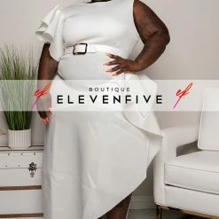Boutique115 Plus Size "Georgia Peach" Ruffle Midi Belted Dress - Ivory Dresses