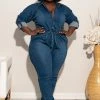 Boutique115 Plus Size "Chain Gang" Denim Jumpsuit - Medium Blue