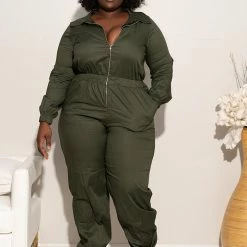 Boutique115 Plus Size "Geared Up" Coverall Jumpsuit - Olive Jumpsuits + Rompers