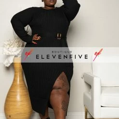 Boutique115 Dresses Plus Size "Warm Me Up" Ribbed Sweater Dress - Black