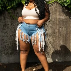 Boutique115 Bottoms "Follow Me" Cut Up Shoe Lace Jean Shorts - Medium Denim