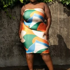 Boutique115 "Kaleidoscope" Tube Dress - Green Blue Orange Tan Multi