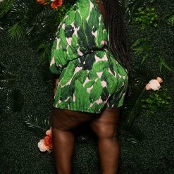 Boutique115 Plus Size "Rain Forrest" Romper - Green Pink Jumpsuits + Rompers