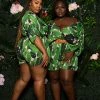 Boutique115 Plus Size "Rain Forrest" Romper - Green Pink Jumpsuits + Rompers