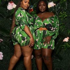 Boutique115 Plus Size "Rain Forrest" Romper - Green Pink Jumpsuits + Rompers