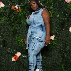 Boutique115 Plus Size "Entangled" Shirt Tie Jumpsuit - Washed Medium Blue Jean