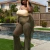 Boutique115 Plus Size "I Got A Thing 4 U" Mesh High Waist Ruffle Pants - Olive