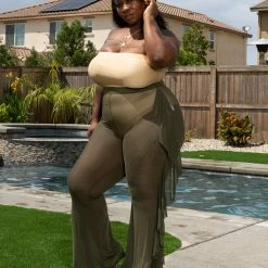 Boutique115 Plus Size "I Got A Thing 4 U" Mesh High Waist Ruffle Pants - Olive