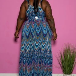 Boutique115 Plus Size "Planet Blue" Accordion Maxi Dress - Blue Multi