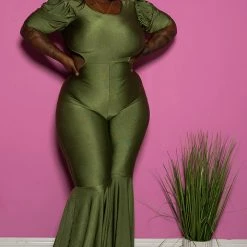 Boutique115 Jumpsuits + Rompers Plus Size "Lifesize Doll" Cut Out Reversible Bell Bottom Jumpsuit - Olive Green