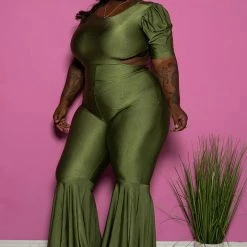 Boutique115 Jumpsuits + Rompers Plus Size "Lifesize Doll" Cut Out Reversible Bell Bottom Jumpsuit - Olive Green