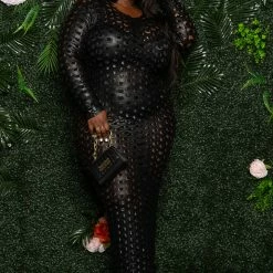 Boutique115 "Gold Mine" Liquid Vegan Leather Perforated Maxi Dress - Matte Black Dresses