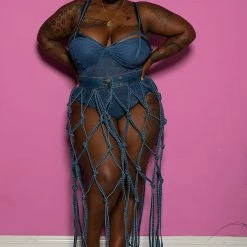 Boutique115 Plus Size "Renegade" Caged Denim Jean Skirt - Medium Blue