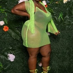Boutique115 "Liberian Girl" Fishnet Rhinestone Cover Up Dress W Scarf - Neon Green