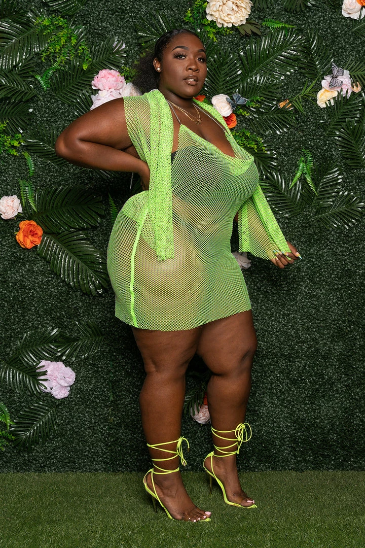 Boutique115 "Liberian Girl" Fishnet Rhinestone Cover Up Dress W Scarf - Neon Green 4 Boutique115 "Liberian Girl" Fishnet Rhinestone Cover Up Dress W Scarf - Neon Green