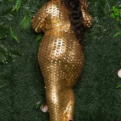 Boutique115 Dresses "Gold Mine" Liquid Vegan Leather Perforated Maxi Dress - Metallic Gold