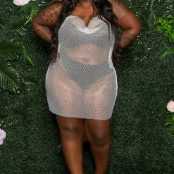 Boutique115 "Liberian Girl" Fishnet Rhinestone Cover Up Dress W Scarf - White