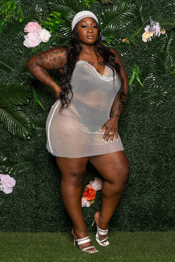 Boutique115 "Liberian Girl" Fishnet Rhinestone Cover Up Dress W Scarf - White 4 Boutique115 "Liberian Girl" Fishnet Rhinestone Cover Up Dress W Scarf - White