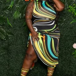 Boutique115 Dresses "Sweet Like Kiwi" Swirl Print Keyhole Dress - Black Neon Multi