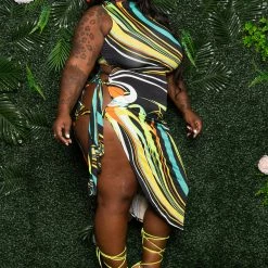 Boutique115 Dresses "Sweet Like Kiwi" Swirl Print Keyhole Dress - Black Neon Multi