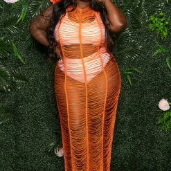 Boutique115 "Dont Play With My Harp" Shredded Cover Up - Orange