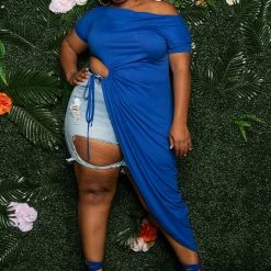 Boutique115 "Speak To Me" Side Tie Cut Out Shirt Dress - Royal Blue Tops