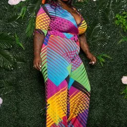 Boutique115 Jumpsuits + Rompers Plus Size "RicoChet" Wide Leg Jumpsuit - Multi Blue Green Mustard Fuchsia