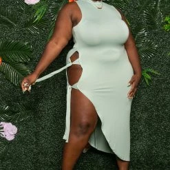 Boutique115 "Sweet Like Kiwi" Side Tie T Shirt Dress Top - Sage Green Tops